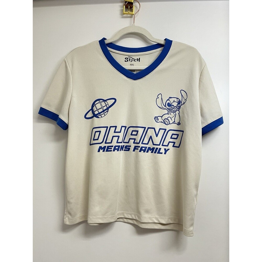 Womens Disney Stitch Jersey Ohana Means Family Tee Kids White Blue L 12-14
